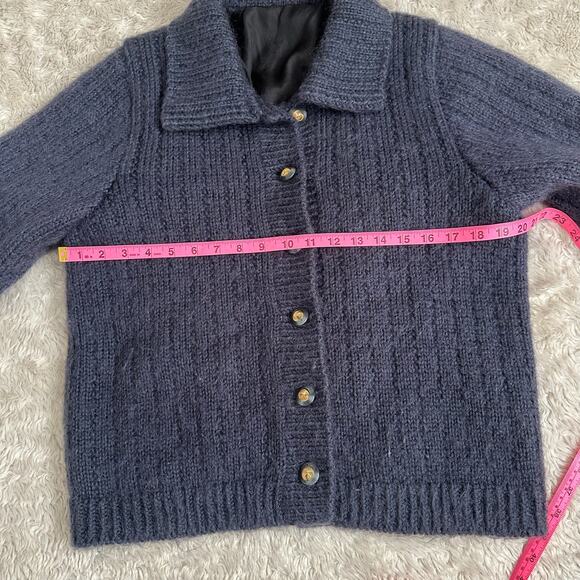 Vintage Mohair Medium Jacket Navy Button Up Cardigan Sweater Collared Cable Knit - Picture 6 of 7